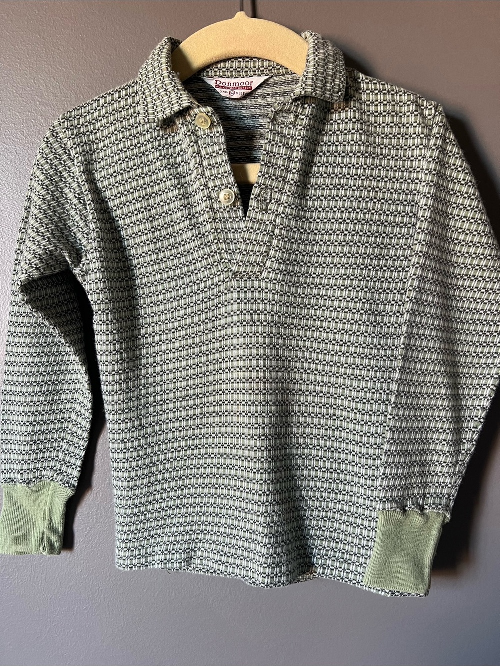 Vintage Kids Donmoor Long Sleeved Knit Polo Shirt in Sage and Black 1960s